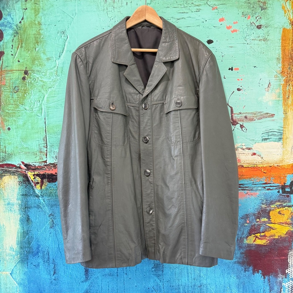 Vintage Grey Genuine Leather Jacket Mens Button Front Utility Coat Viscose